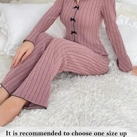 Women's Solid Lettuce Trim Top & Pants Loungewear Two-Piece Set, Casual Comfy Long Sleeve V Neck Top & Trousers PJ Set, Ladies Sleepwear for All Seasons Home Loungewear