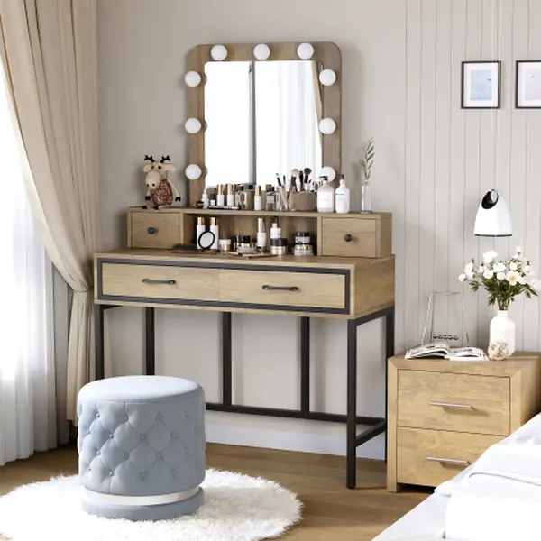 [Bellemave]Vanity Desk with Mirror and Lights, Makeup Vanity Desk with 3 Color Dimmable Lighted Hollywood Mirror, Brown Makeup Table with 4 Drawers, Large Dressing Table for Women Girls
