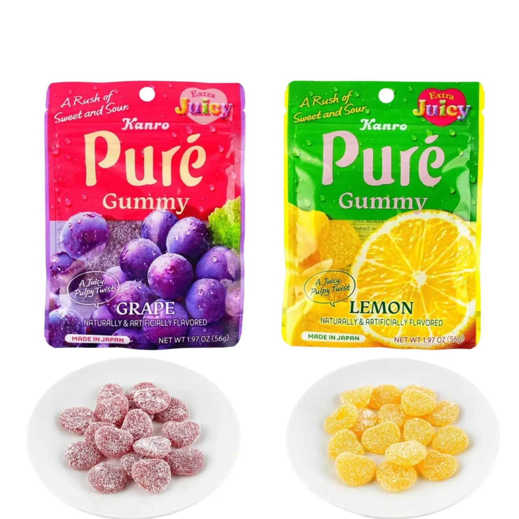 KANRO Pure Japanese Lemon & Grape Gummy Candy 54g Heart-Shaped Chewy Gummies Japanese Sweet Snack Bonbon Japanese Sour & Sweet Citrus Fruit Chewy Snacks with Tangy for Kids and Adults Juicy