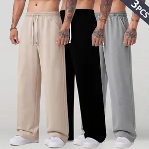 Men's pocket drawstring waist sweatpants, classic solid color design, loose straight casual all-season trousers with adjustable elasticity, stylish and versatile loose straight-leg pants, men's pants