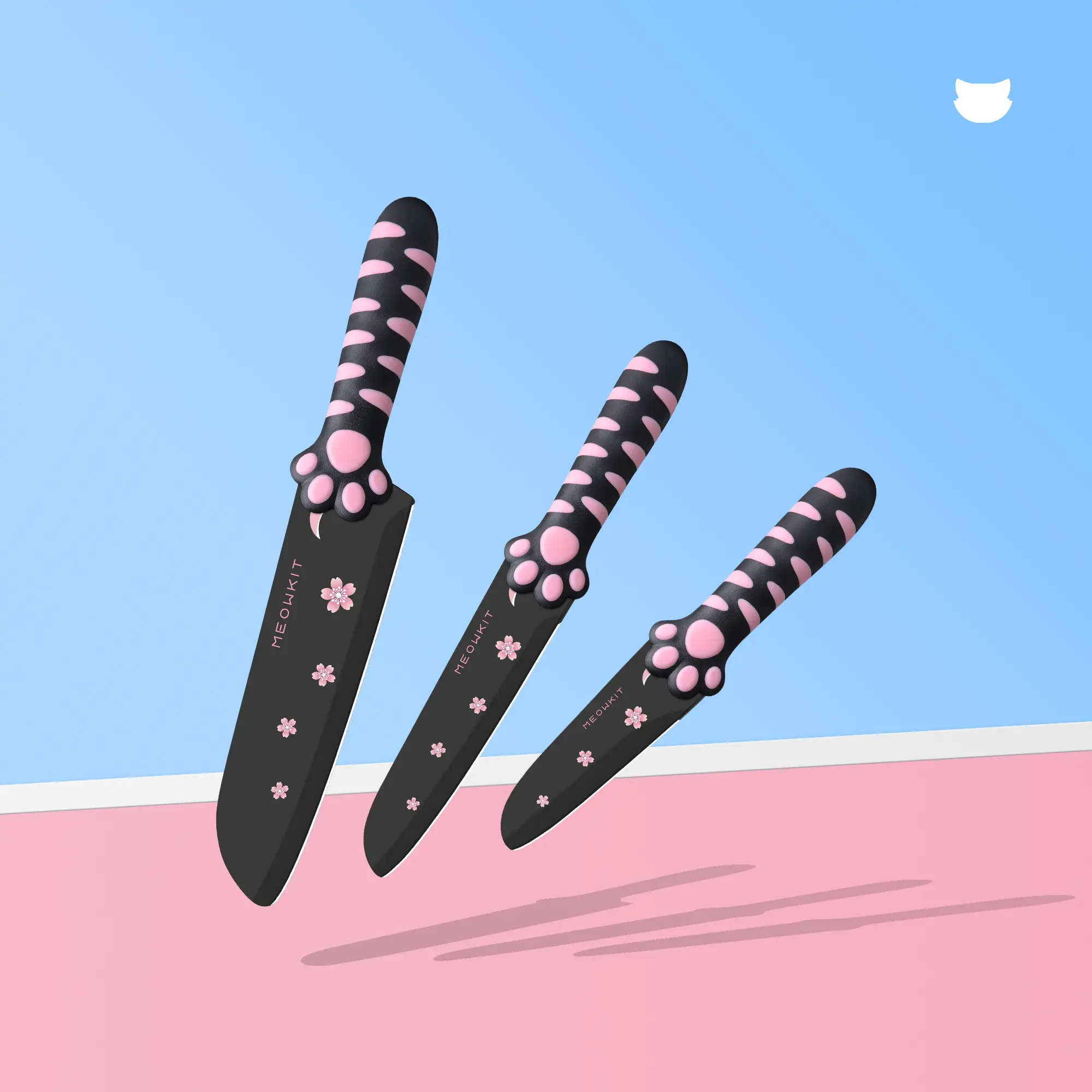 Meowkit 3-Piece Non-Stick Coated Steel Cooking Knives Set - Paring, Utility, Santoku Styles for Home Kitchen Everyday Use, Kitchenware Knives Set