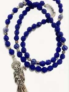 Acrylic Blue Santa Muerte necklace rosary style.