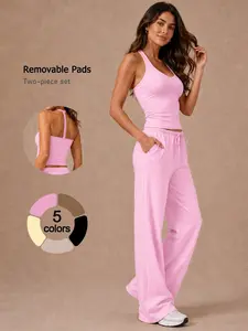Women's 2-Piece Set, Athleisure Workout Set Summer Clothes, Cooling Athletic Set Tank Top and Wide Leg Pants Outfit Breathable Quick Dry Activewear with Drawstring Removable Pads Yoga Set for Gym Travel Airport Streetwear Casual Fashion Lounge Wear