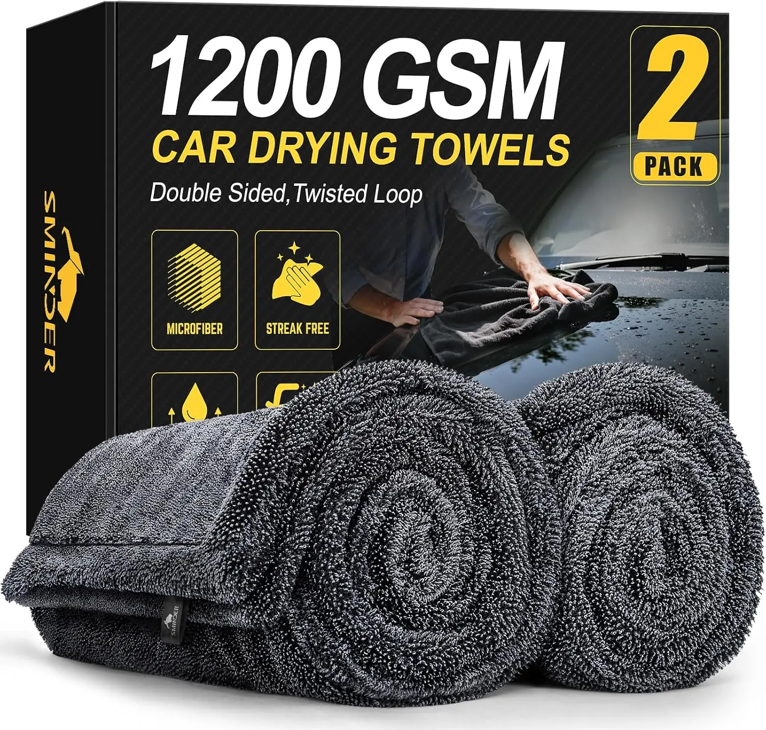 SMINDER 2-Pack 1200 GSM Car Drying Towels – Microfiber Towels for Cars (36" x 24"), Ultra-Absorbent, Streak-Free, Scratch-Free, No Water Spots, Double-Twist Pile & Edgeless Design,car accessories