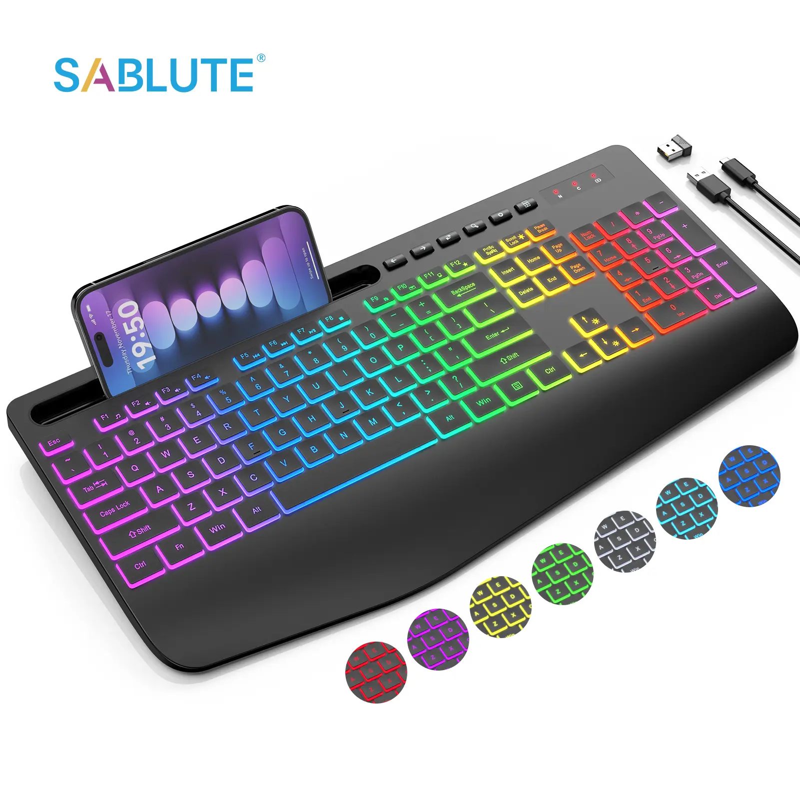 SABLUTE KN213 7-Color Backlit Non-Bluetooth Computer Keyboard - Ergonomic, Multifunctional Wireless Rechargeable Silent Typing Model with Wrist Rest & Phone Holder for Night Use, Ergonomic Design Keyboard