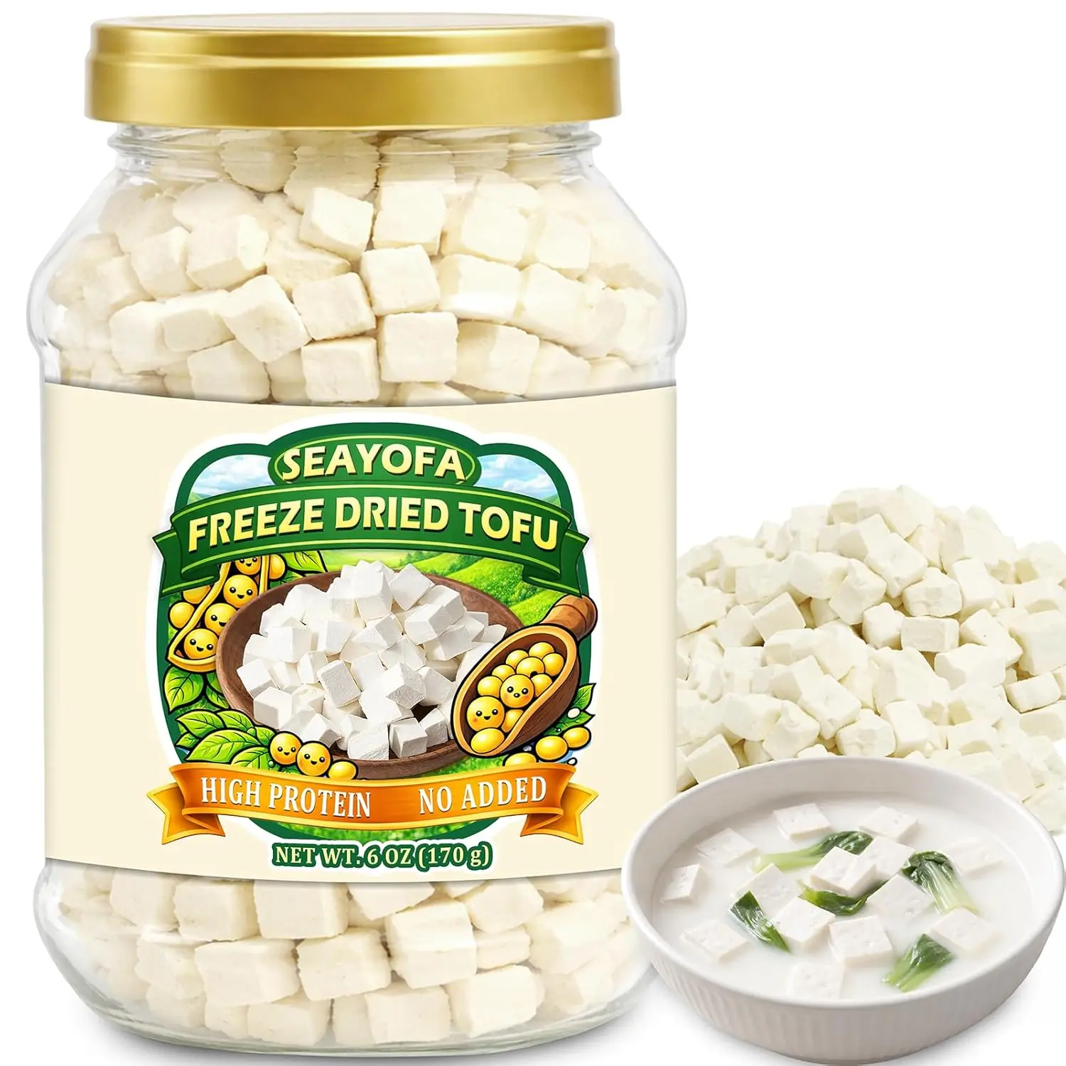 6oz (170g) Freeze Dried Tofu Cubes, 1cm Bite Size, Instant Food Dehydrated Tofu, Family Size Resealable Can, Low Sugar, High Protein, Keto Friendly, Vegan for Ramen, Miso Soup, Salads, Camping, Meal Prep