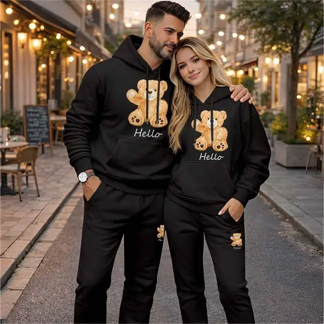 Couple's Bear Hello Print Hooded Sweatshirt and Drawstring Sweatpants Set, Casual Sportswear, Long-Sleeve Hooded Jacket and Pants, Suitable for Autumn, Winter, and Spring, Everyday Wear, Tracksuit, Casual Athletic Wear