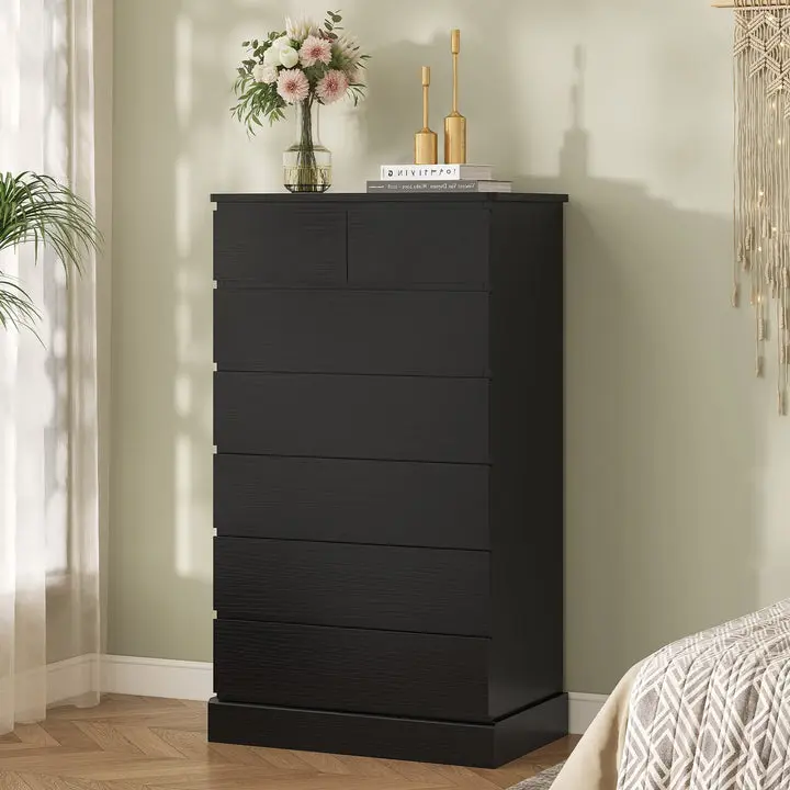 SIKAIC Wood Drawer Dresser - 51.8" Tall Minimalist Bedroom Cupboards Cabinets Dresser, Modern Chest for Bedroom Decluttering & Large Capacity Organization (Black, 7 Large Drawers), Drawer Dressers, Modern Chest Drawers