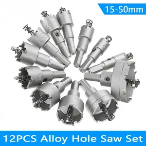 12Pcs15-50mm Alloy Hole Saw Set Carbide Tip TCT Metal Cutter Core Drill Bit Kits for Stainless Steel Metal Drilling Crown