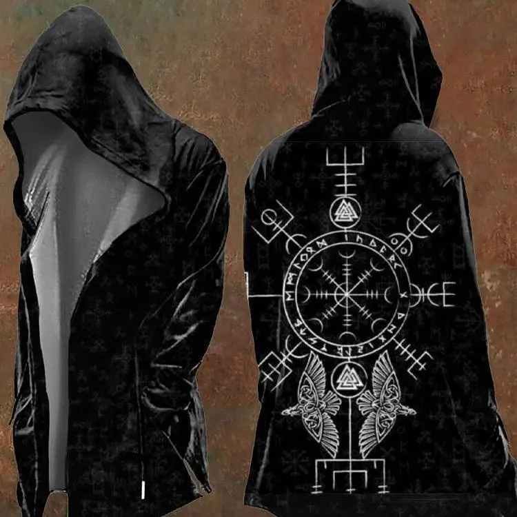 2026 Viking Runes Hooded Cardigan Norse Mythology Open Front Cloak Vegvisir Compass Design Soft Fleece Lined Gothic Jacket, Fashion Sweater, Men Pullover, Cozy Sweater, Winter Sweater, Men Apparel