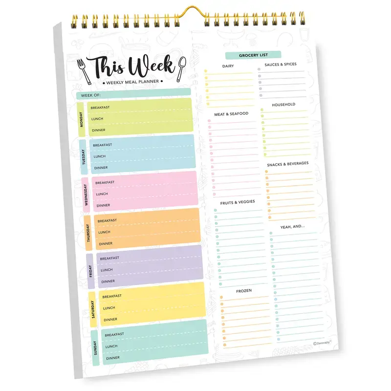 Decorably 52-Sheet Pastel Undated Magnetic Weekly Meal Planner & Grocery List Notepad, 4 Strong Magnets, Spring-Bound, Refrigerator-Mountable, Easy Tear-Off Design