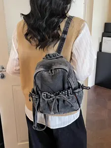 Vintage Washed Mini Backpack for Women, Denim Canvas Shoulder Bag, Casual Campus Style, All Seasons, Solid Pattern, Retro Aesthetic