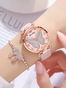 2-piece/Set Fashionable Minimalist Ultra-Thin Women's Butterfly Silver Powder Quartz Watch Leisure Leather Pin Buckle Watch Set