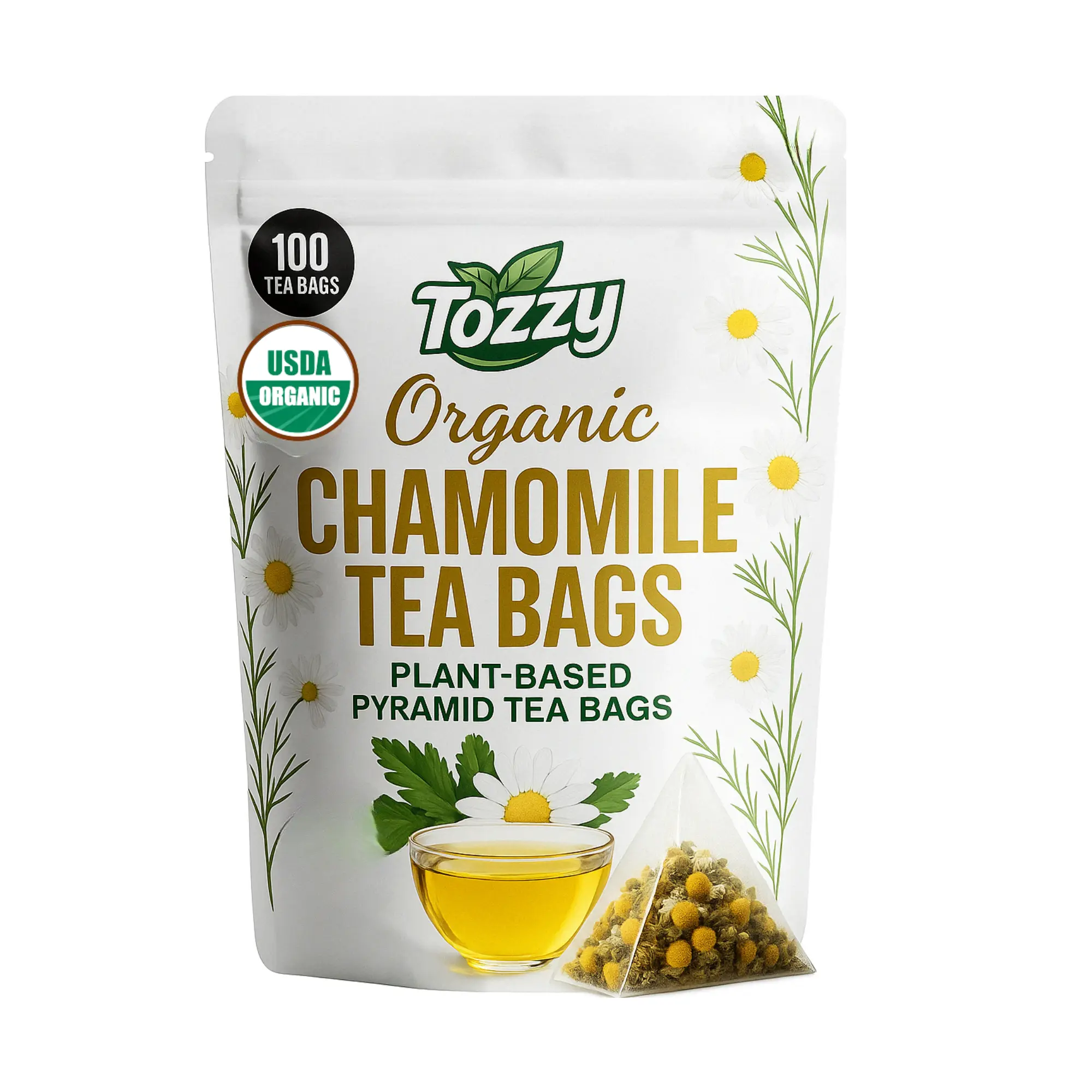 Tozzy Organic Chamomile Tea | 100 Count Plant-Based Pyramid Tea Bags