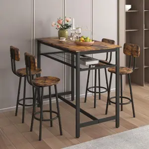 5 Pieces Dining Table Set for 4, Rectangle Pub Bistro Table with Storage Shelves, 4 Stools with Backrest, Counter Height Dining Table Set for Kitchen Breakfast Nook Restaurant (Brown)