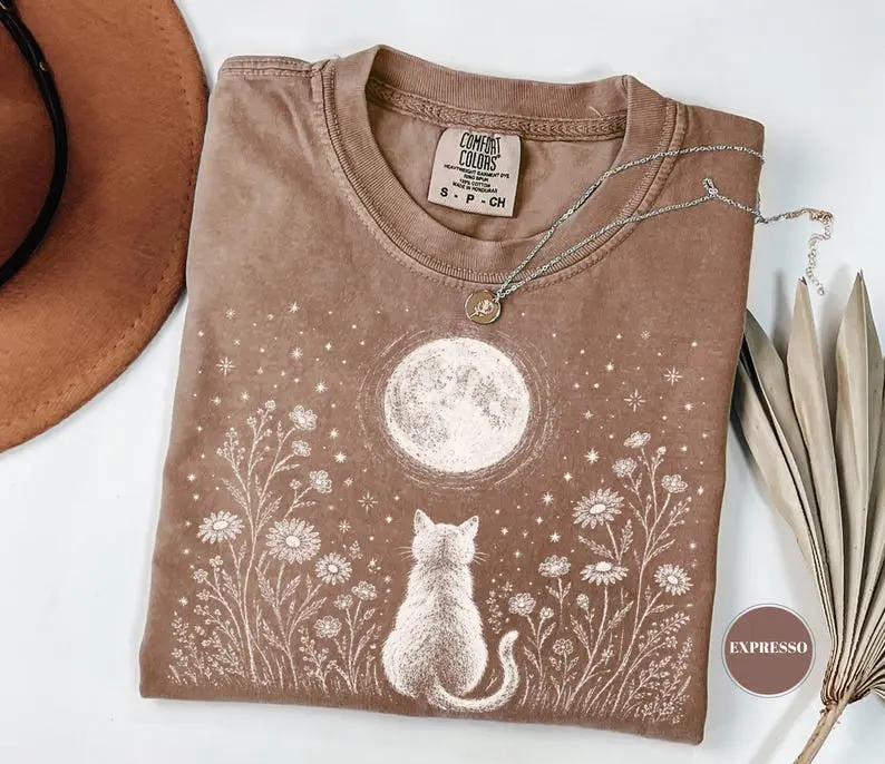 Comfort Colors Celestial Cat Moon T-Shirt, Wildflower Tee, Cottagecore Kitten Lover Gift, Mystical Feline Graphic T-Shirt, Boho Night Sky Top