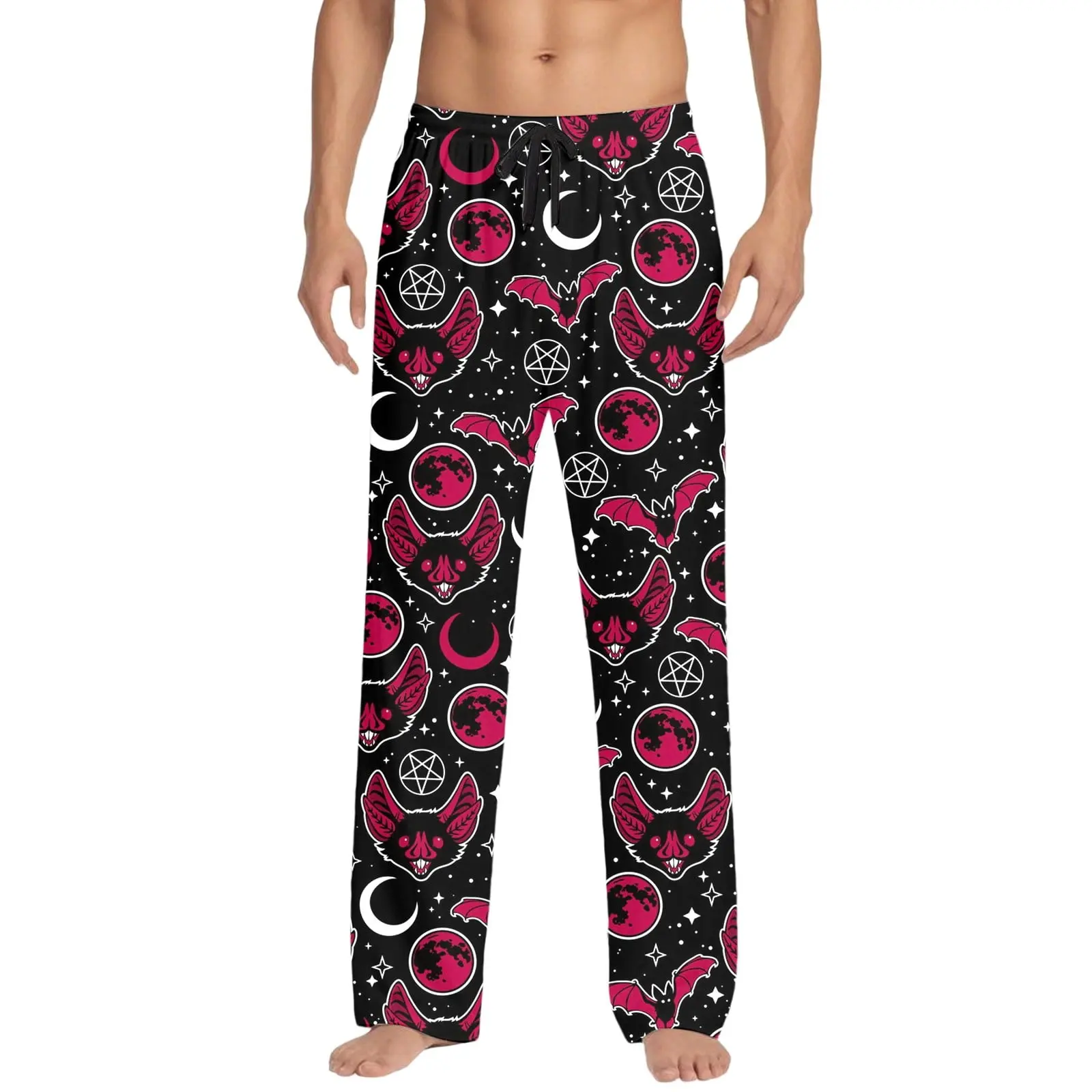 Gothic Bat Moon Pajama Pants – Black & Pink Witchy Lounge Bottoms, Cozy Sleepwear for Women