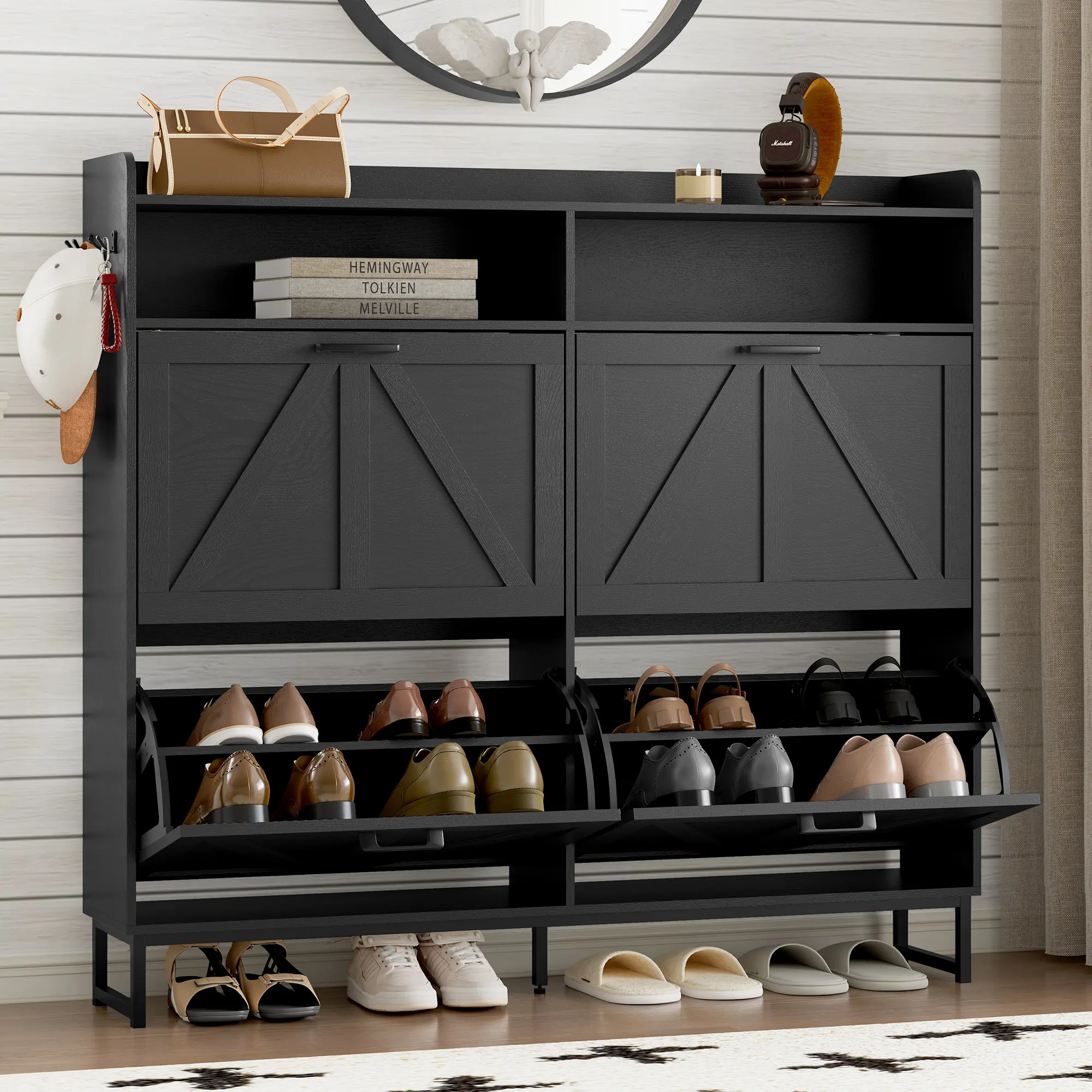 Shoe Cabinet with 4 Flip Drawers, Freestanding Hidden Shoe Storage Organizer for Entryway, Narrow Slim Shoe Rack Cabinet with Open Storage & Hooks for Front Door Entrance, Living Room, Hallway, Black,mothersdaygift  fathers day gift ideas