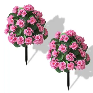 2-Pack Artificial Geraniums Flowers Ground Planters with Fake Flowers & Sharp Edges, UV Resistant Decorative Faux Greenery for Garden Porch Pathway Deck Yard