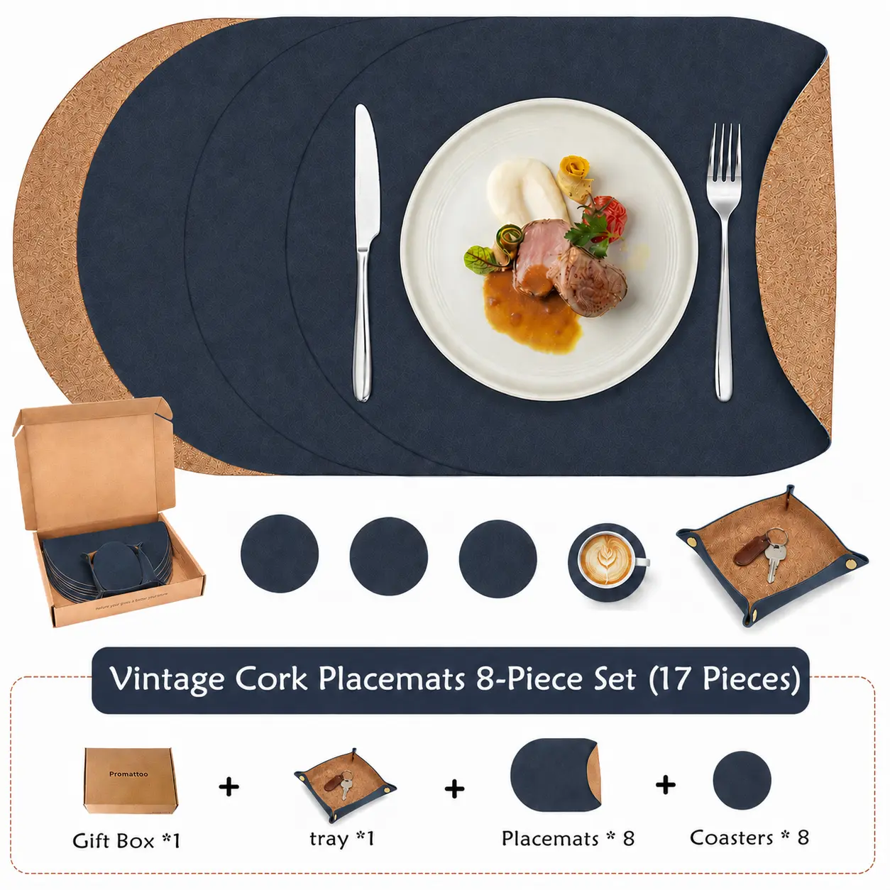 Promattoo Stylish Vintage Cork-Look Faux Leather Placemats Set of 6 - Waterproof, Heat-Resistant, Double-Sided Non-Slip, Easy-Clean Tableware with Coasters & Foldable Tray, Natural Look for Mother's Day Family Dinners Home Decor