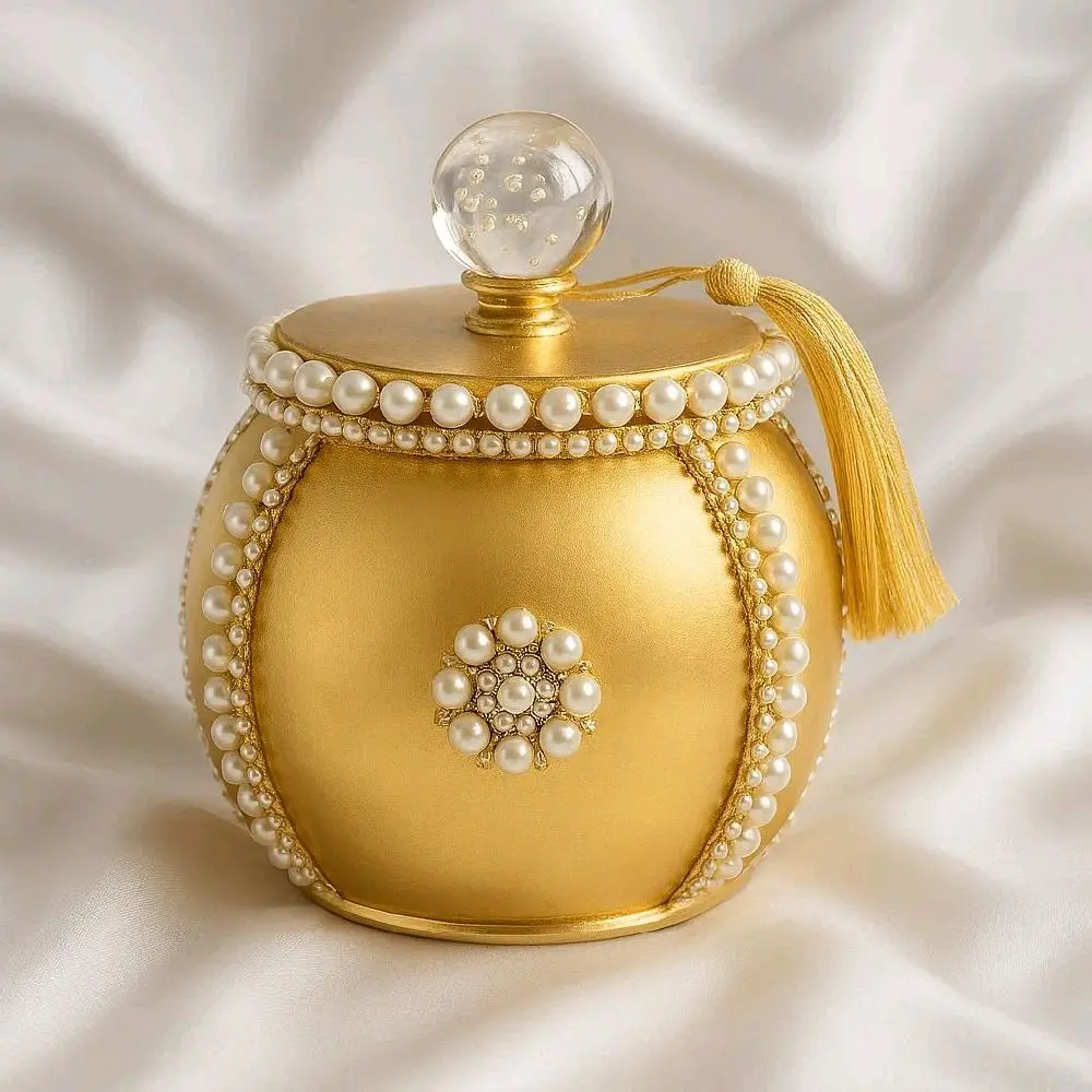 Handcrafted Vintage Style Trinket Jar (Made to Order) - Multi-Size Cosmetic Organizer Container, 16 oz or 25 oz Large Size Dusting Powder Holder with Crystal Pull Knob,  Acia Wood  Lid, Pearl Accents, Rhinestones, & Vintage Elegance