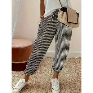 Striped Print Harem Pants, Casual Loose Baggy Pants with Elastic Waist for Everyday Wear, Women’s Clothing