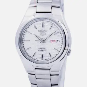 Seiko Men's 5 SNK601 Silver Textured Automatic Watch with Day Date Display & 21 Jewels