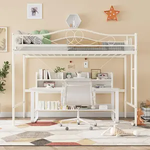 GAOMON Loft Bed Twin Size with Ladder & Full Safety Guardrail, Heavy Duty Metal Twin Loft Bed 400 Lbs Load Capacity, Space-Saving, Noise Free, No Box Spring Needed, Easy Assembly, Cream White