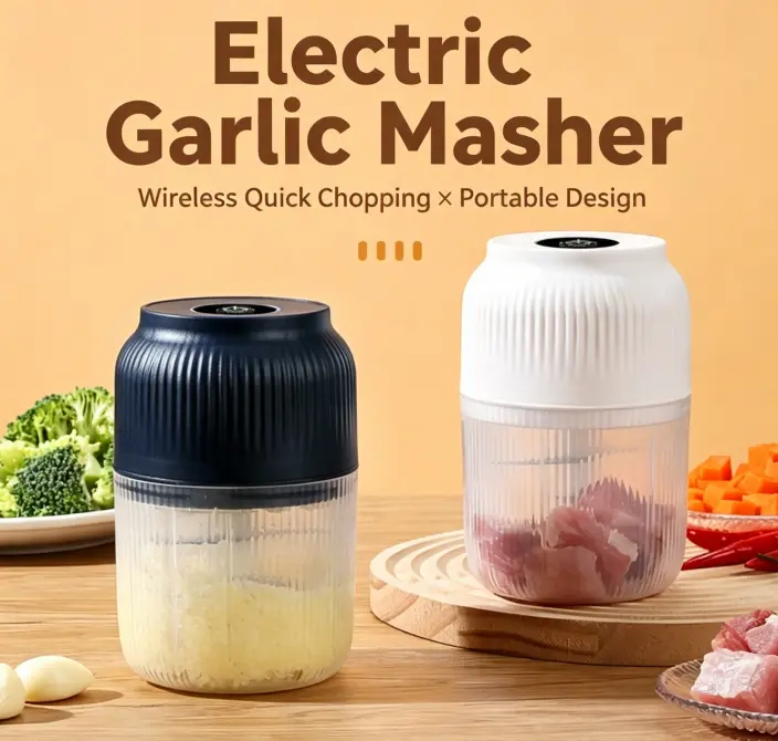 Electric Garlic Chopper, 4 Sharp Blades，Portable Veggie Chopper, 300ML Garlic Grinder Masher Onion Chopper, Blender to Vegetable, Cordless Food Processor for Ginger, Chili, Fruit, Meat, Spices, Beans, etc