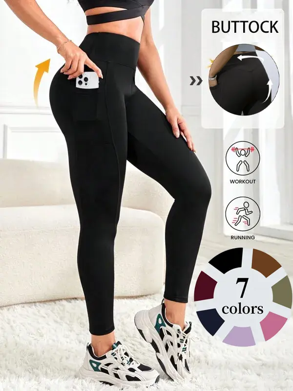 Women's high-waisted solid color pocket yoga leggings, slim-fit stretch leggings, comfortable and breathable fitness pants