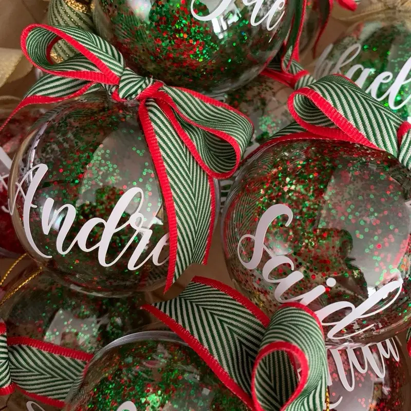 Set of 6 Shiny Christmas Baubles with Red  & green Filling, Personalized with a Name or Word for Tree Decoration or Gift (Includes Customizable Gift Box)