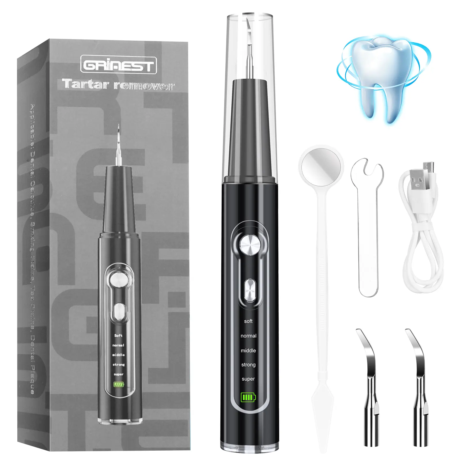 Grinest Oral Plaque/Tartar Remover for Teeth, Electric Tooth Cleaner Tartar Remover for Teeth with LED Light,5 Modes Rechargeable Teeth Cleaning Kit with Dental Tools, 3 Replaceable Heads Pet Safe Use Removable Adjustable