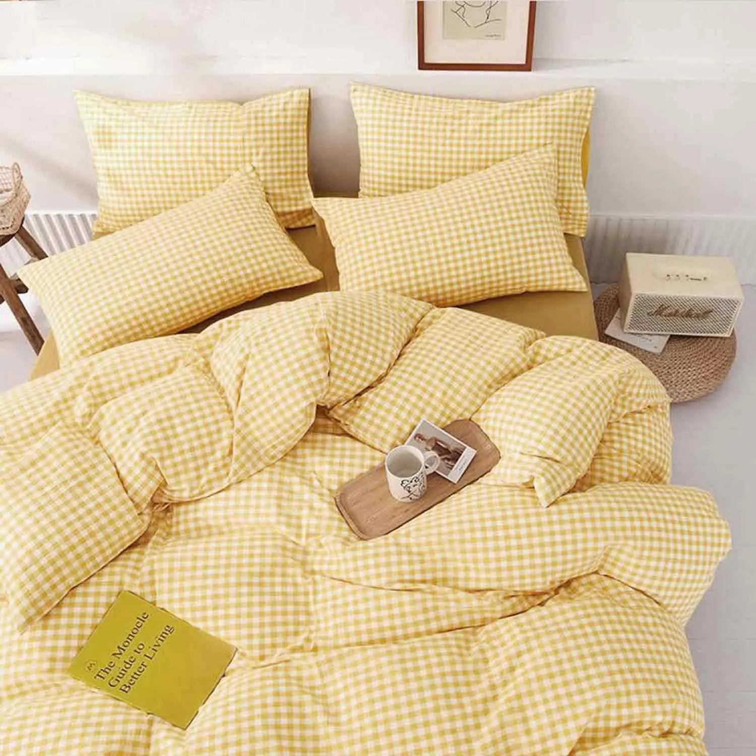 Queen Size Yellow Bed Comforter Set - 3 Farmhouse Gingham Grid Lightweight Buffalo Checkered Down Alternative (90x90), Breathable Quilt, Lightweight Warm Cover, Soft Bedding, Breathable Microfiber Bedding, Bed Sets, Queen Comforter Set
