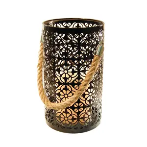 LumaBase Metal Lantern with Battery-Operated LED Candle, Black Jacquard Design, Durable Jute Handle, Timer Feature for Home Decor