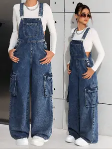 Teen Girl Denim Overalls, Street Cool Style Streetwear Workwear Jeans, Side Utility Large Pockets Design, Loose Fit Natural Waist H-Type, Everyday