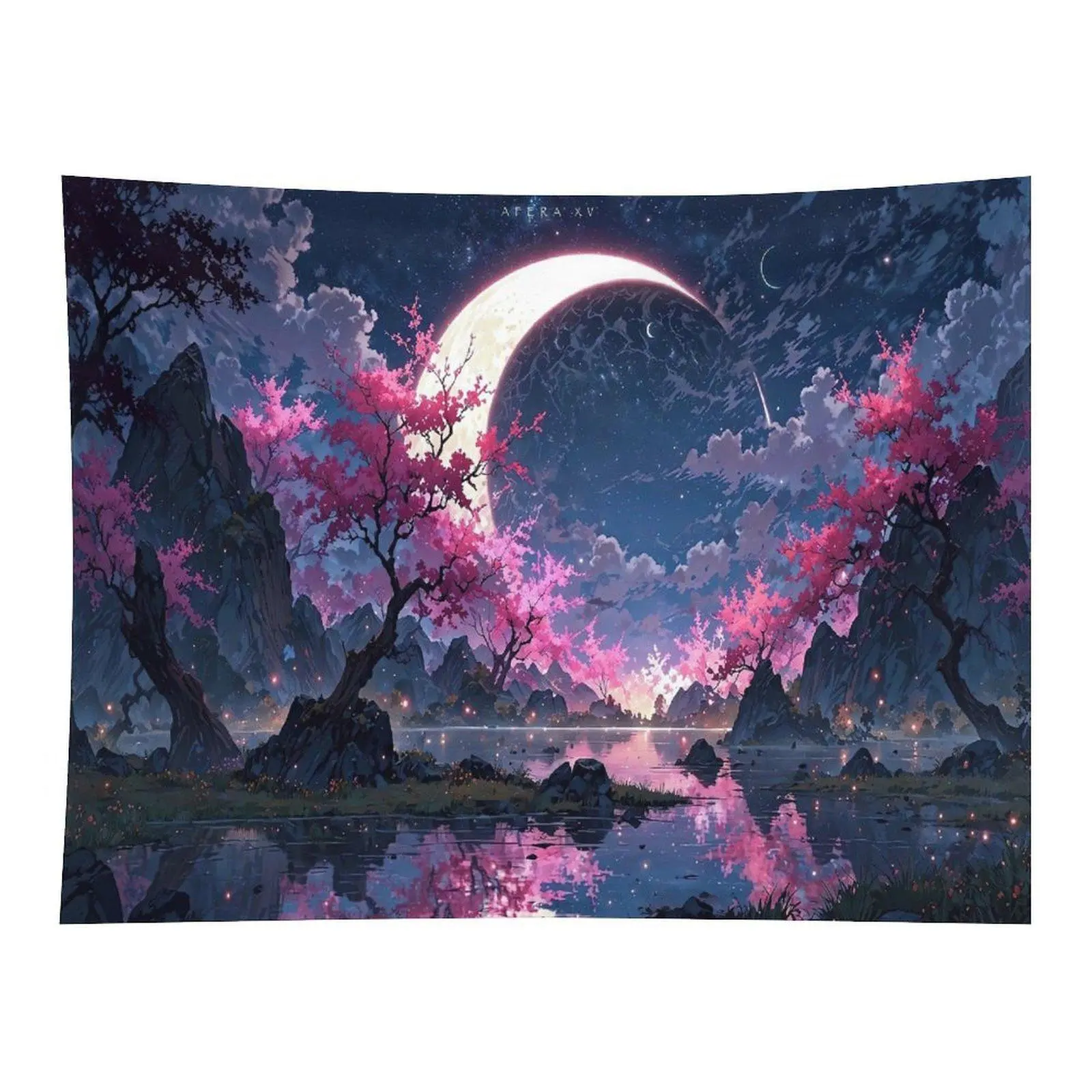 Crescent Moon Cherry Blossom Tapestry Fantasy Night Landscape Wall Hanging, Sakura Lake Moon Tapestry for Bedroom Decor