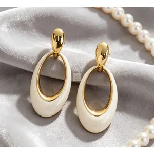 14K Gold-Plated Cream Enamel Geometric Oval Hoop Earrings - Retro Niche High-End Face-Slimming Statement Dangle Earrings for Women