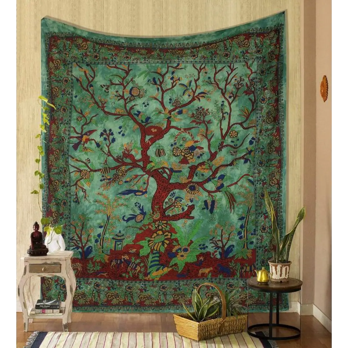 Tapestry Green Tree of Life Wall Hanging Psychedelic Tapestries Indian Cotton Twin Bedspread Picnic Sheet Wall Decor Blanket Wall Art Hippie Bedroom Décor Landscape Retro Swiss African Home Textile Gift Decorative