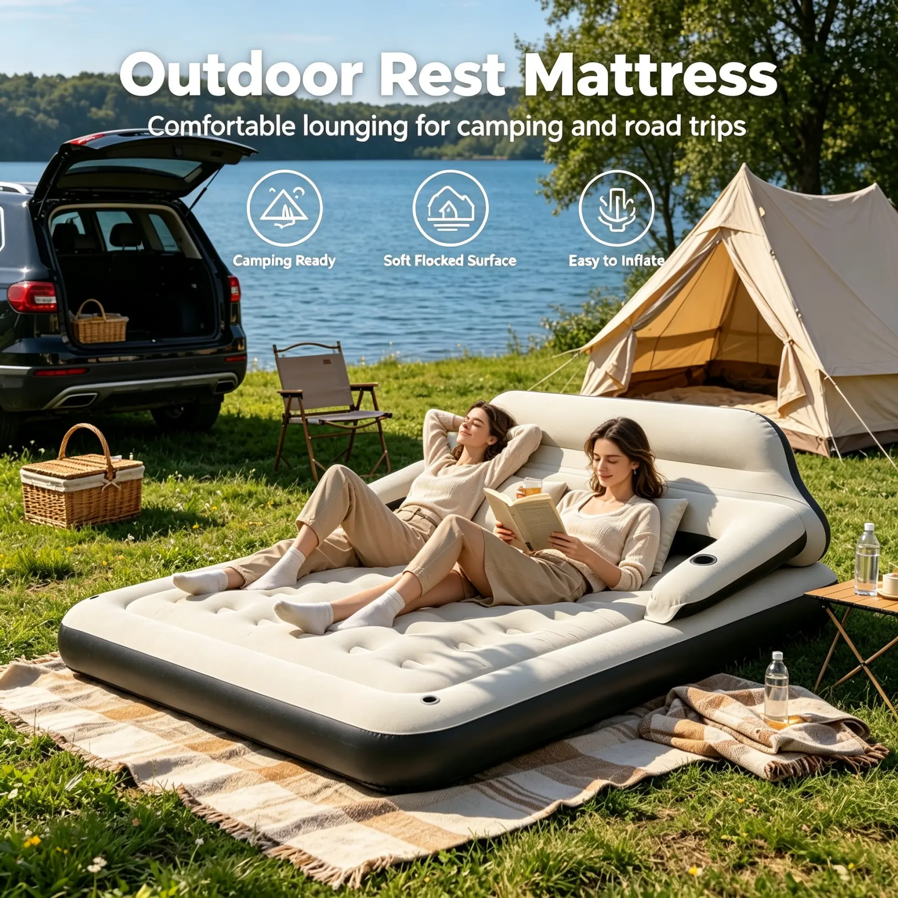 Luxury air mattress with removable backrest, pillow and sofa holder-multifunctional air bed and sofa bed (lie down or sit) for indoor and outdoor use, perfect for camping, garden, wedding season, guests, Christmas and holidays, with pump