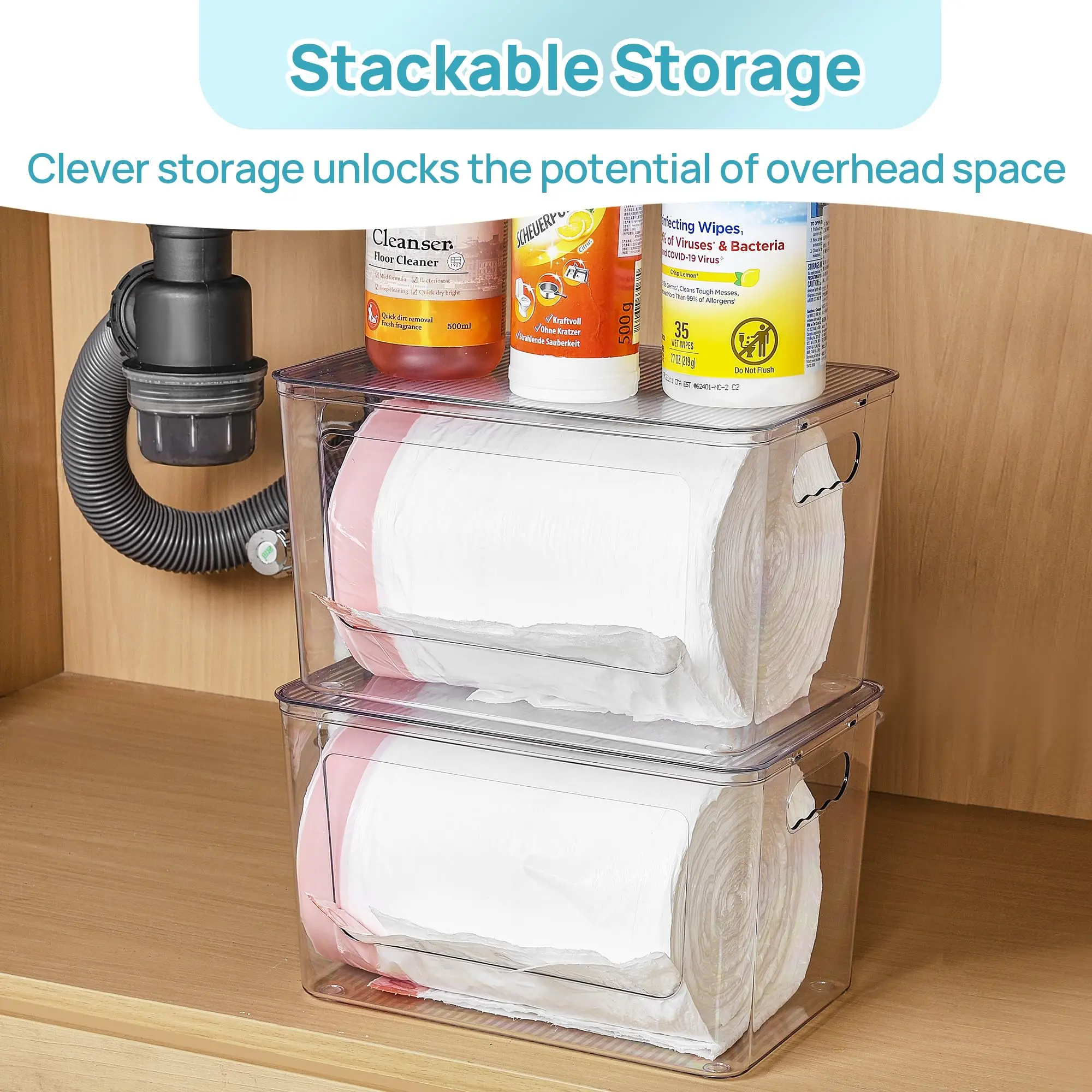 【Under Sink Reset】Vtopmart 2 Pack Trash Bag Holder, Stackable Garbage Bag Dispenser for 13/30/33 Gallon Bags, Clear Organizer Bins for Under Kitchen Sink, Laundry Room Organization and Storage, DealsForYouDays, summerwins