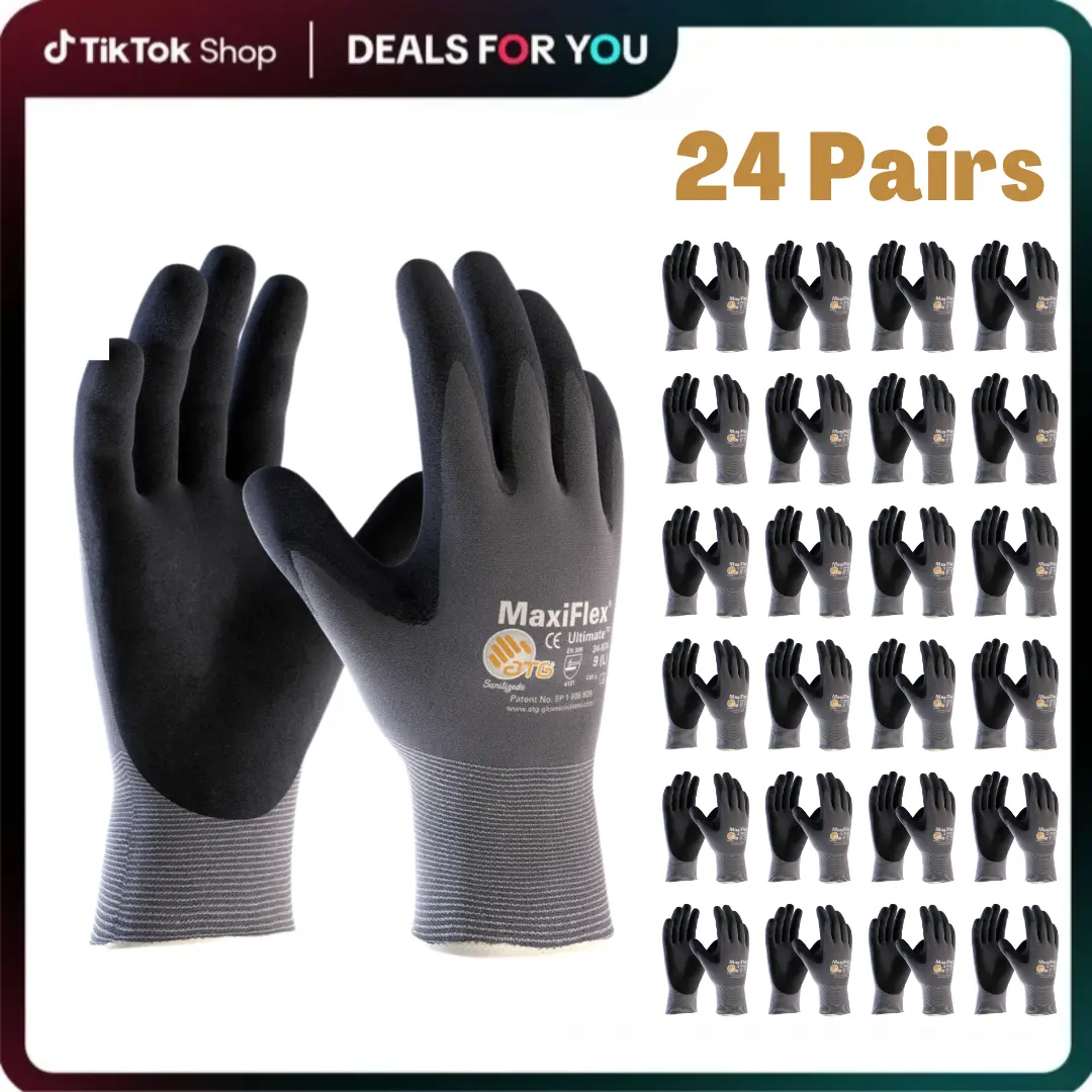6 - 12 - 24 Pairs MaxiFlex Work Gloves – Guantes Para Trabajo MaxiFlex – Micro-Foam Nitrile Coated – Breathable, Durable, Anti-Slip for Construction, Gardening