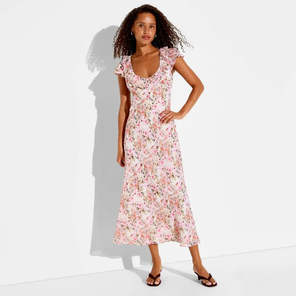 Women's Chiffon Ruffle Maxi Dress - Wild Fable Floral M: Cottagecore