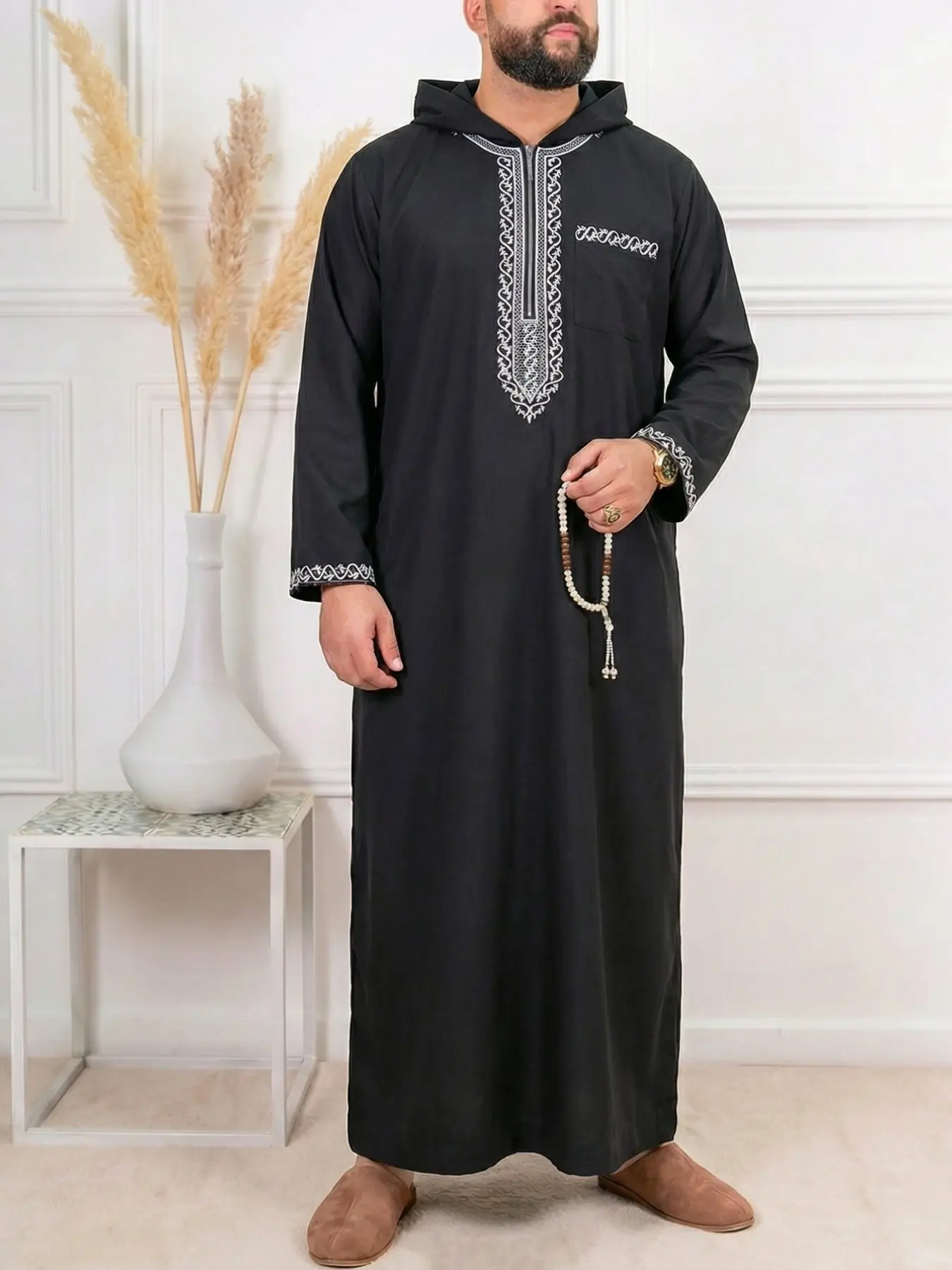 Islamic Muslim Traditional Clothing, Ramadan Festival Sacrifice Holiday Wear, Men's Zipper Embroidered Hooded Robe Modesty Thobe Traditional Arabic Robe, Daily & Special Occasions For Men