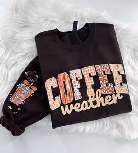 Coffee Weather Patchwork Font Coffee Lover Sweatshirt or Hoodie with Sleeve Prints Comfy Unisex Tops Oversized Cotton/Poly Blend Soft Fabric Pullover