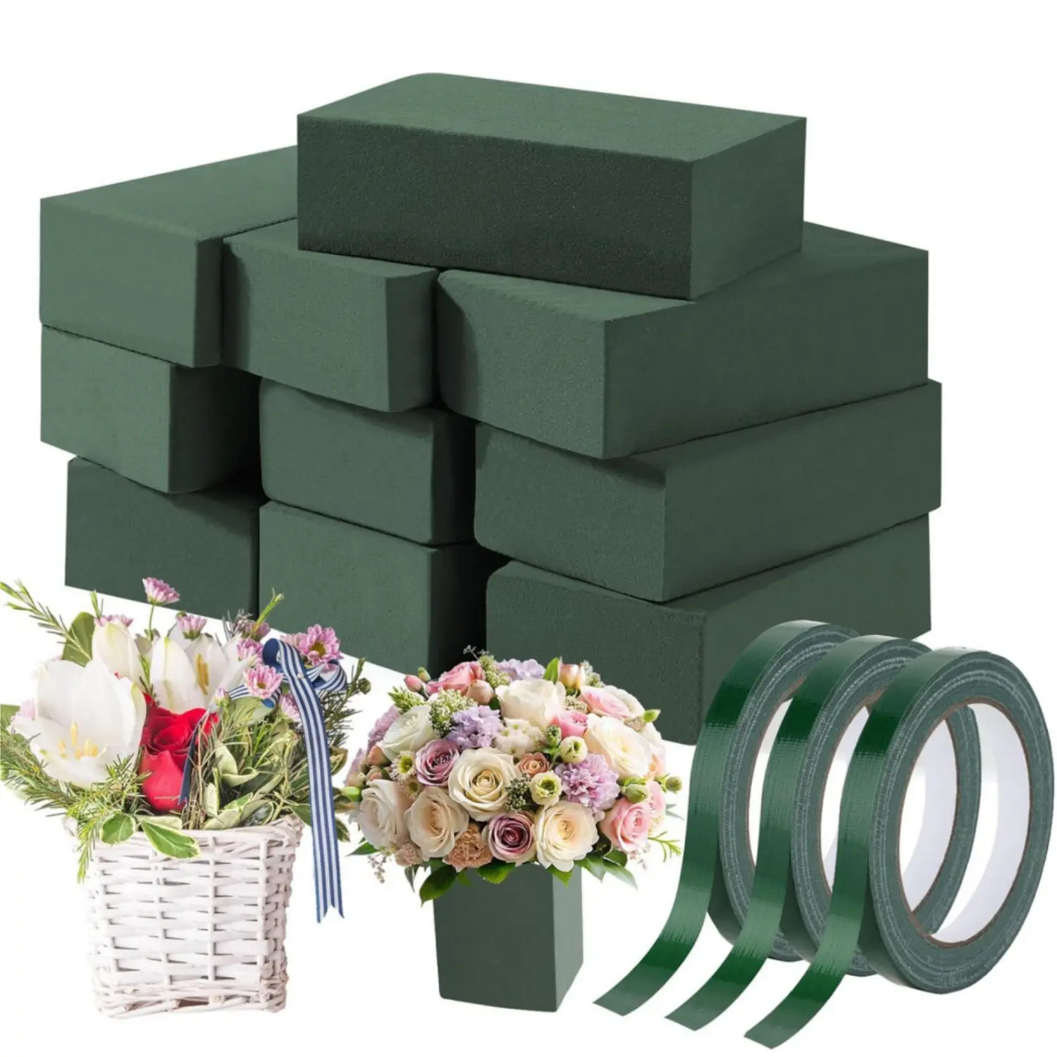 Durable High-Density Floral Arrangement DIY Kit for Craft Enthusiasts - Home Improvement Supplies, 10pcs(5.5l x 3.1w x 1.7h)small Foam Blocks, 3 Rolls 12mmx65.62ft Waterproof Tape, Fresh or Faux Use, Customized Craft Projects, Weddings