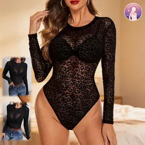 Womens Mesh Long Sleeve Bodysuit Round Neck Sheer Leotards Geo Print Bodysuit Top with Snap Crotch