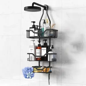 3-Tier Stainless Steel Shower Caddy with Soap Tray & 4 Hooks Adjustable Hollow Design Anti-Swing Tilting Technology for Razor Loofah Black Bathroom Organizing Accessorie