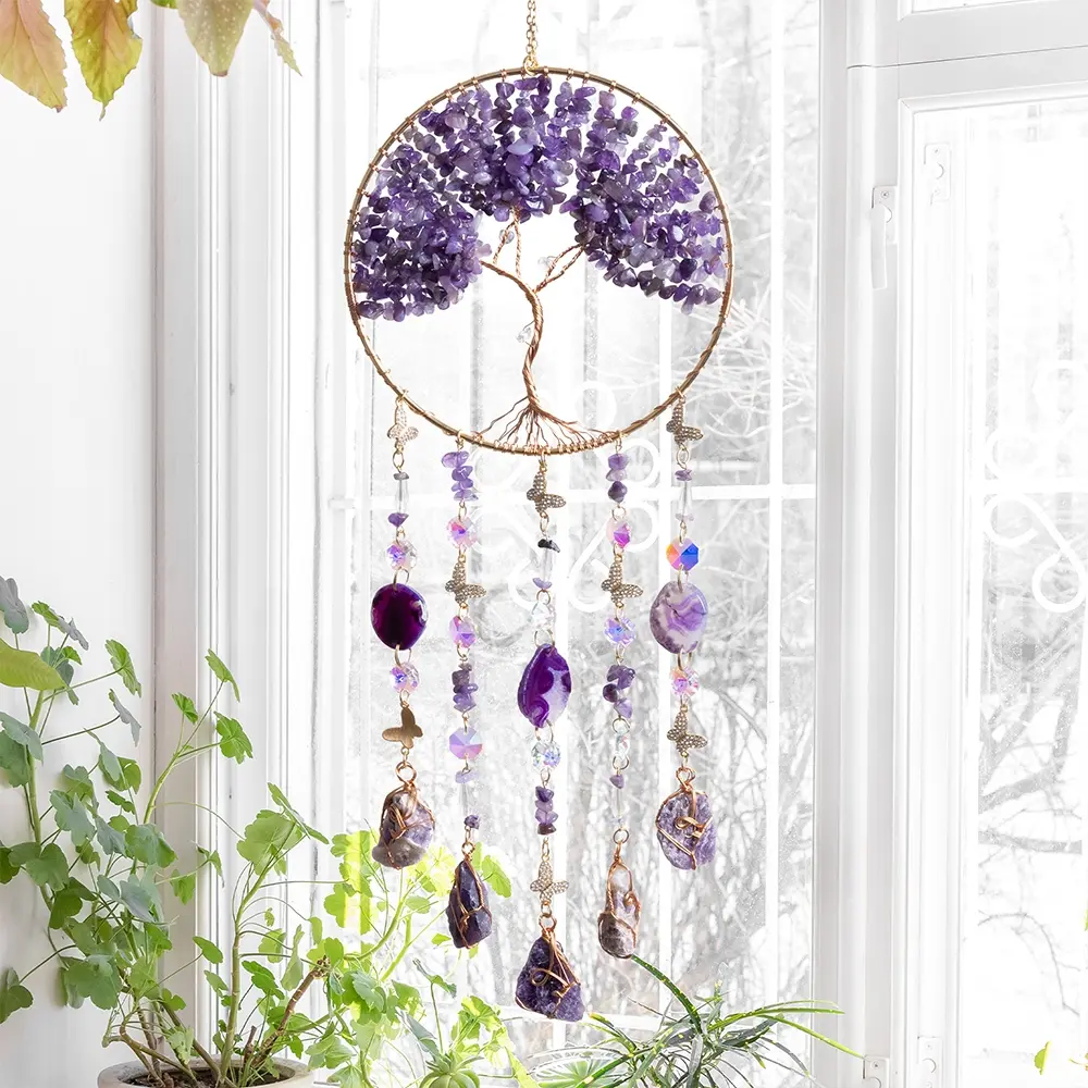 Purple Crystal Sun Catcher Hanging Decorative Pendant, Decorative Hanging Piece, Home Decor, Hanging Decorations, Boho Style Tree of Life Design Dream Catcher with Natural Agate Slices, Suitable for Outdoor Indoor Decoration, Ideal Gift for Christmas