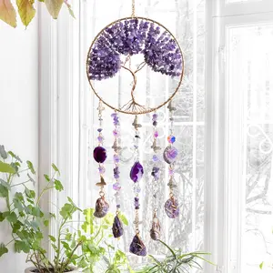 Purple Crystal Sun Catcher Hanging Decorative Pendant, Home Decor Ornaments, Boho Style Tree of Life Design Dream Catcher with Natural Agate Slices, Suitable for Outdoor Indoor Garden Yard Porch Balcony Decoration, Ideal Gift for Christmas