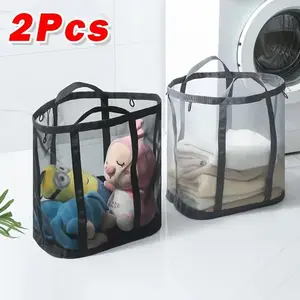 Mesh Laundry Basket with Handle, 2 Counts Foldable Large Capacity Laundry Basket, Portable Dirty Clothes Organizer for Home Bathroom Dormitory Hotel, Ventilated Clothes Basket